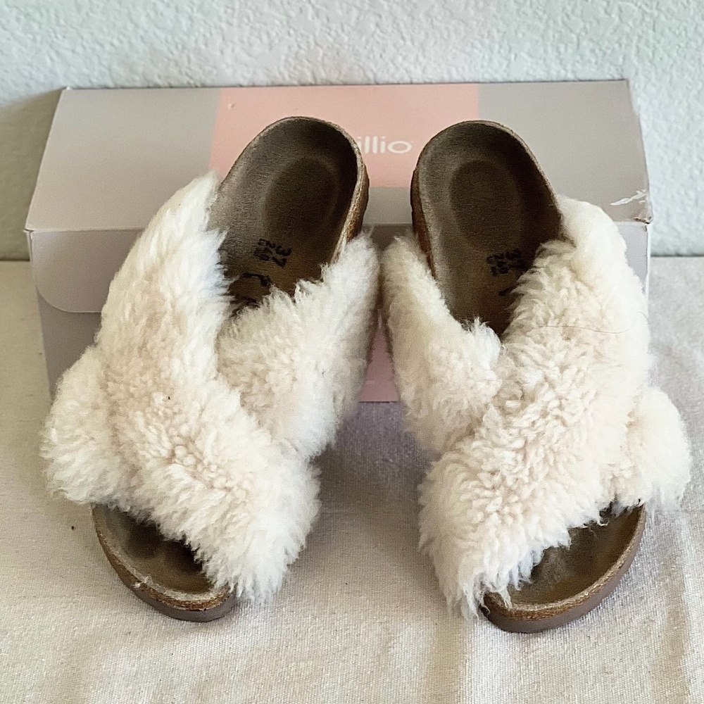 Papillio Cream Shearling Crossover Slide Sandals
